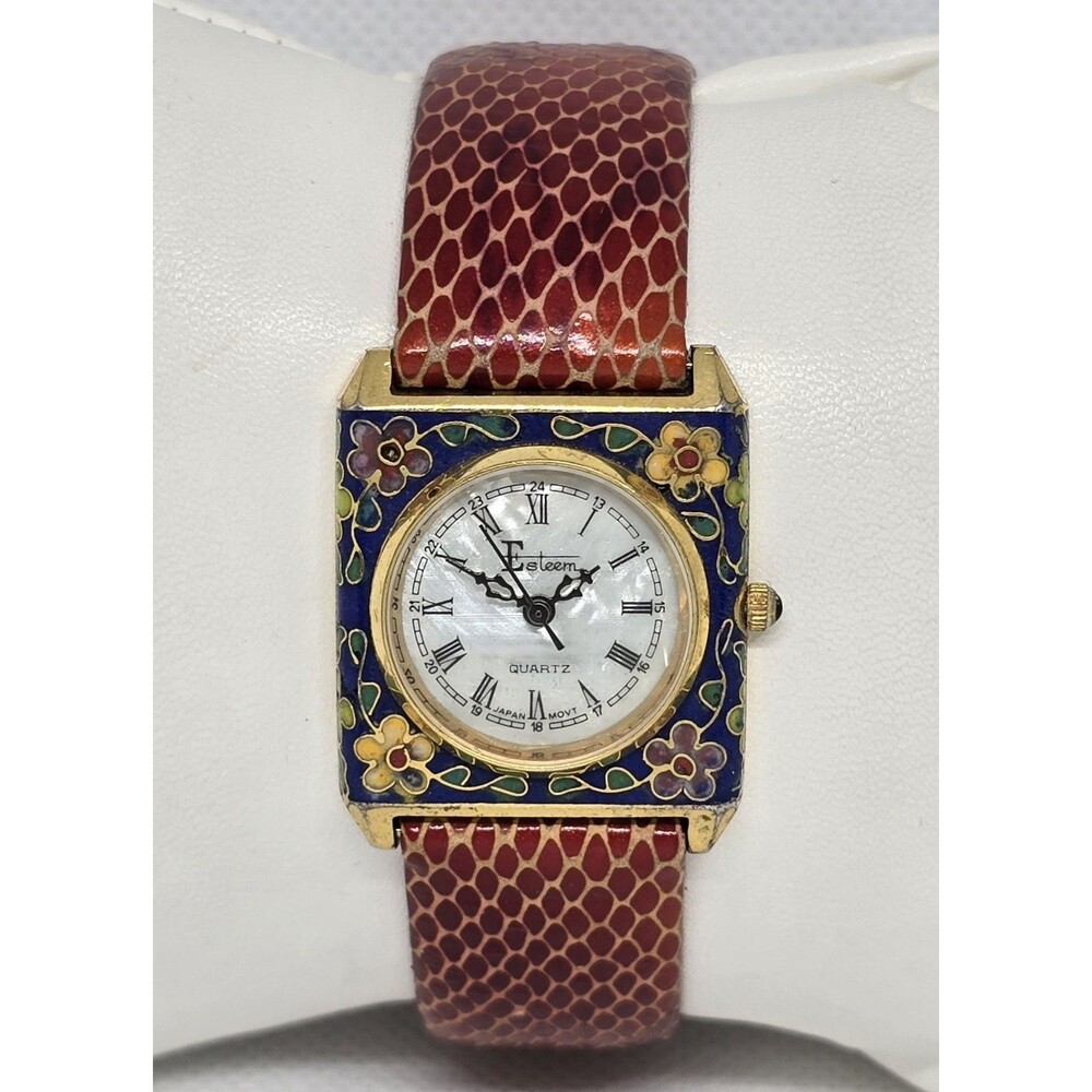Women's Vintage Esteem Enamel Floral Quartz Watch Red Leather Strap 14